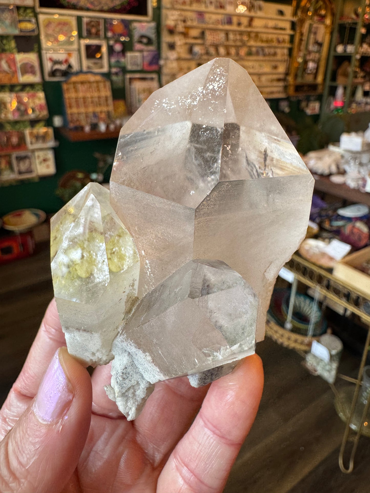 Clear Quartz Double Point (w sulfur + rainbows! ) 284 g Brazil Beauty! - Moon Room Shop and Wellness