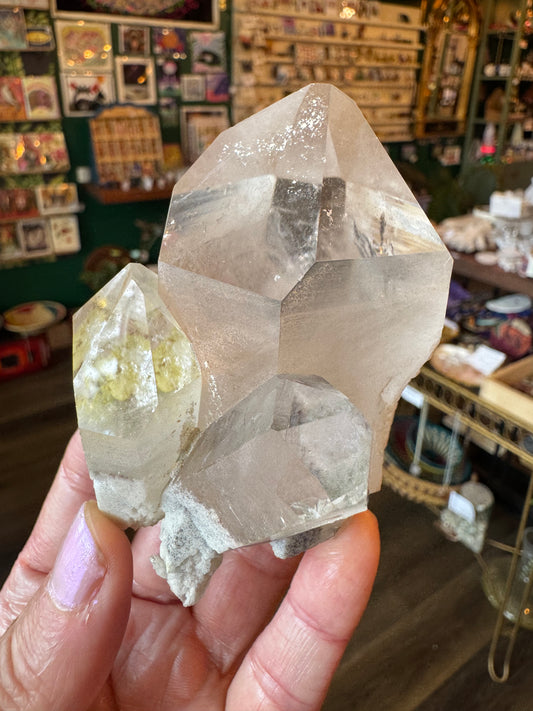 Clear Quartz Double Point (w sulfur + rainbows! ) 284 g Brazil Beauty! - Moon Room Shop and Wellness