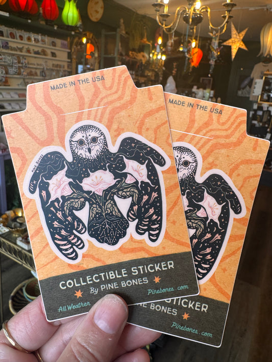 Owl and Moonflowers Sticker by Pine Bones - Moon Room Shop and Wellness