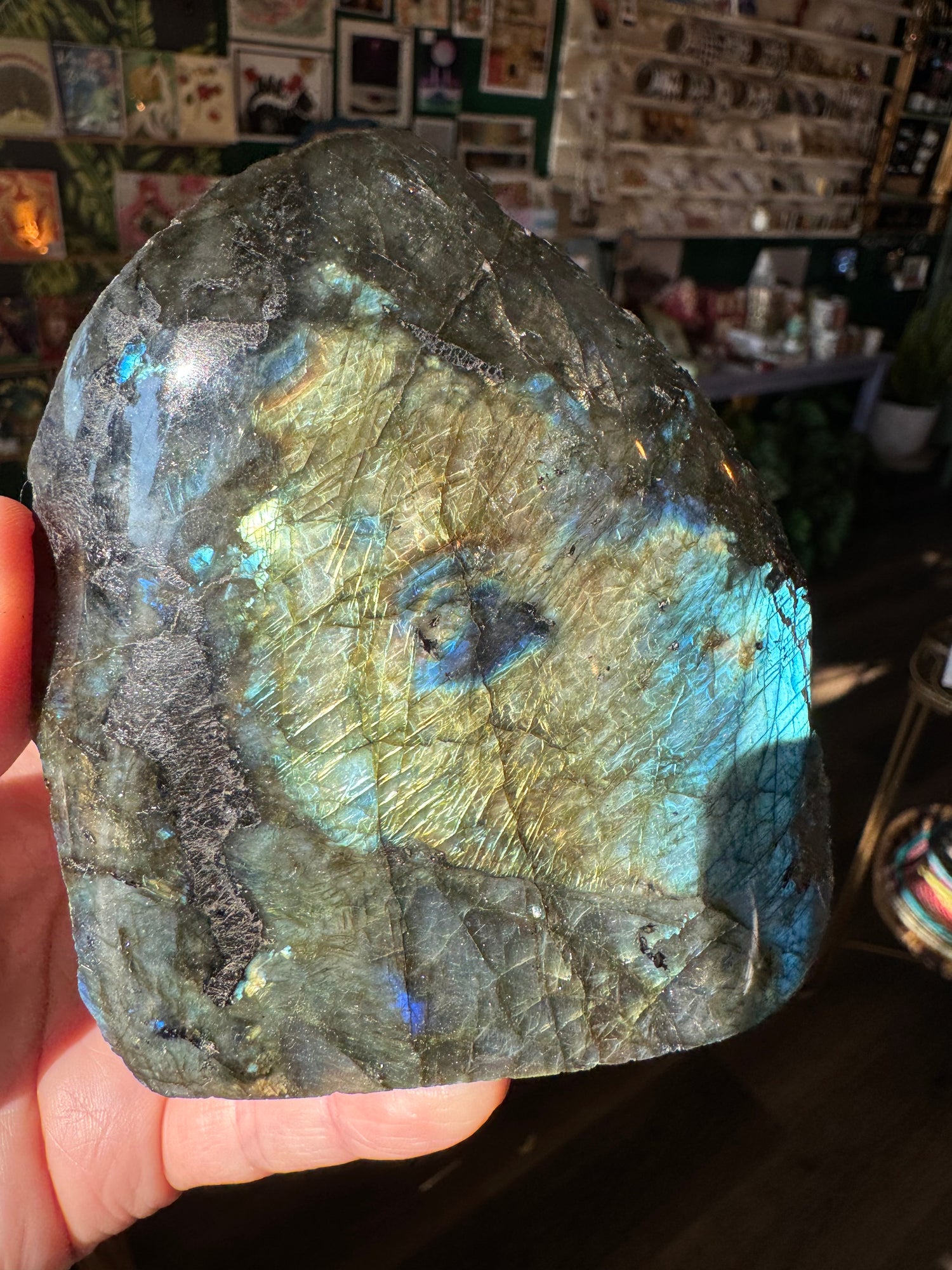 Labradorite Freeform w Natural Back 427 g - Madagascar - Moon Room Shop and Wellness