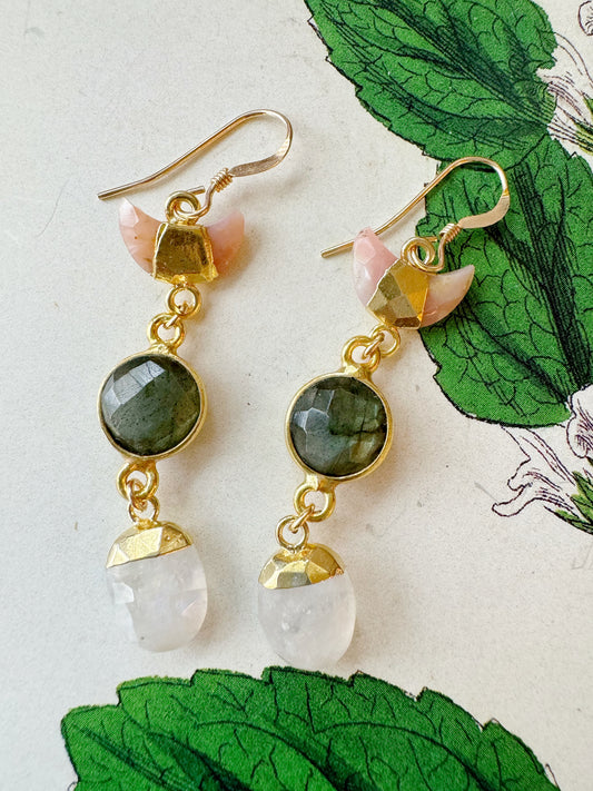 Pink Opal Moon Labradorite Moonstone Gold Fill Earrings - Moon Room Shop and Wellness