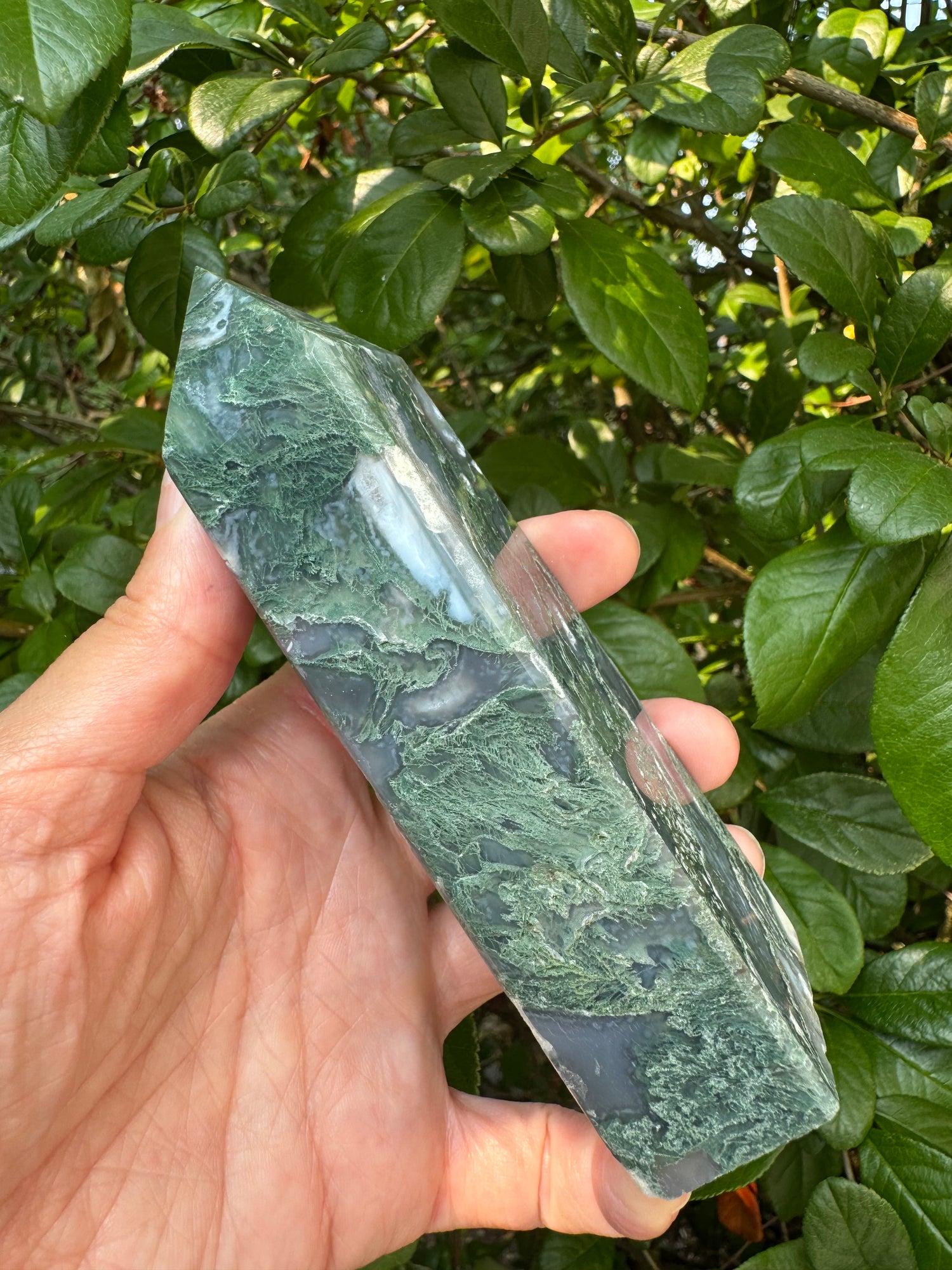 Moss Agate Tower 314 g - Moon Room Shop and Wellness