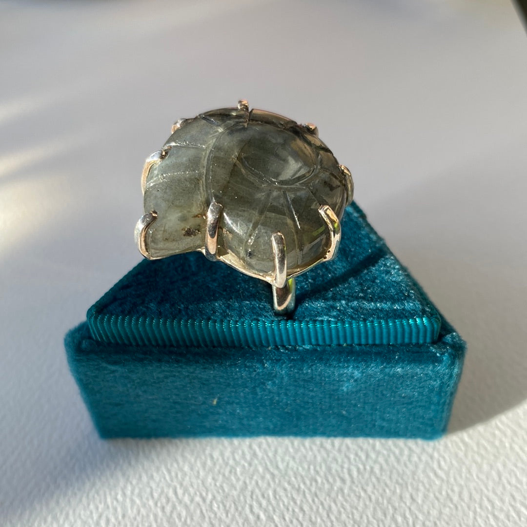 Carved Labradorite Sterling Silver Ring- Adjustable- Ammonite - Moon Room Shop and Wellness