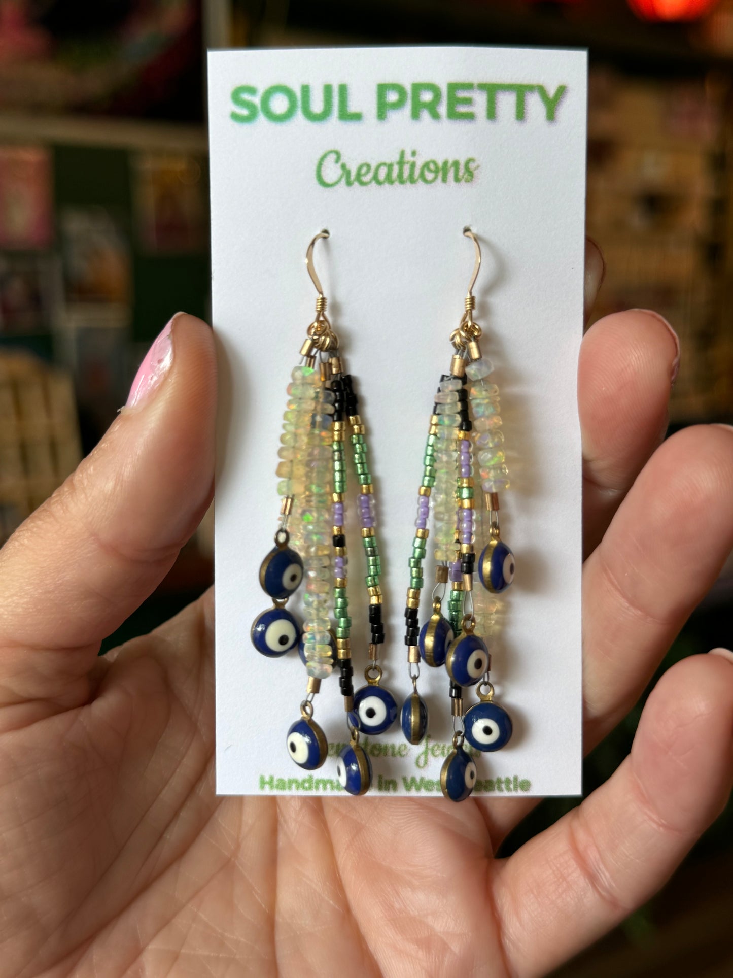 Ethiopian Opal and Evil Eye Handmade Earrings - Moon Room Shop and Wellness