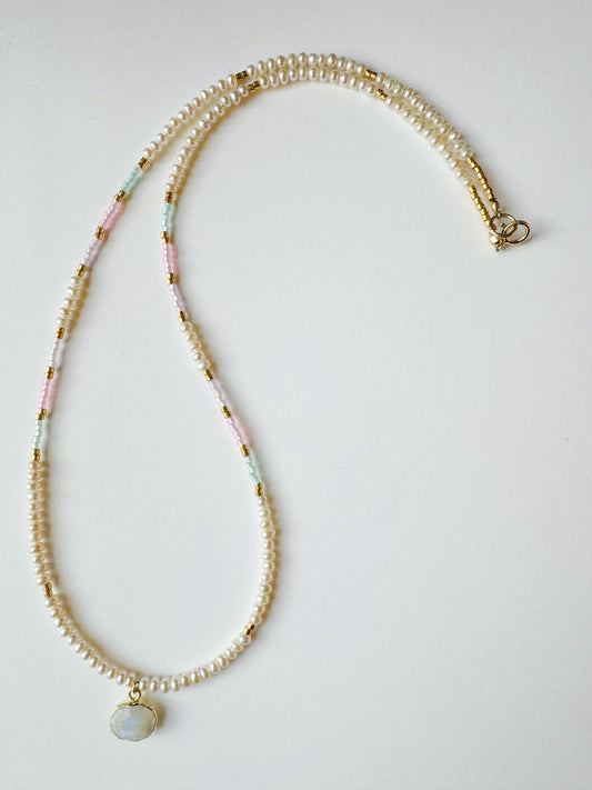 Moonstone Pearl Handmade Seed Bead Necklace 18" - Moon Room Shop and Wellness