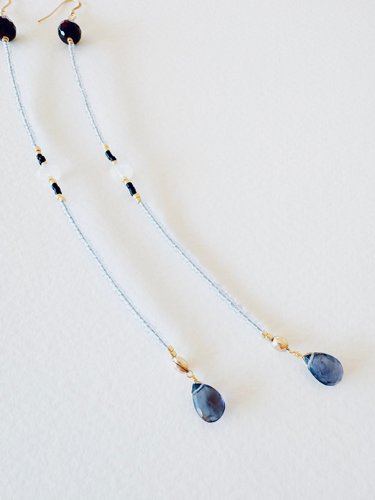 Iolite Droplets + Moonstone+ Garnet Long Flow Earrings - Moon Room Shop and Wellness