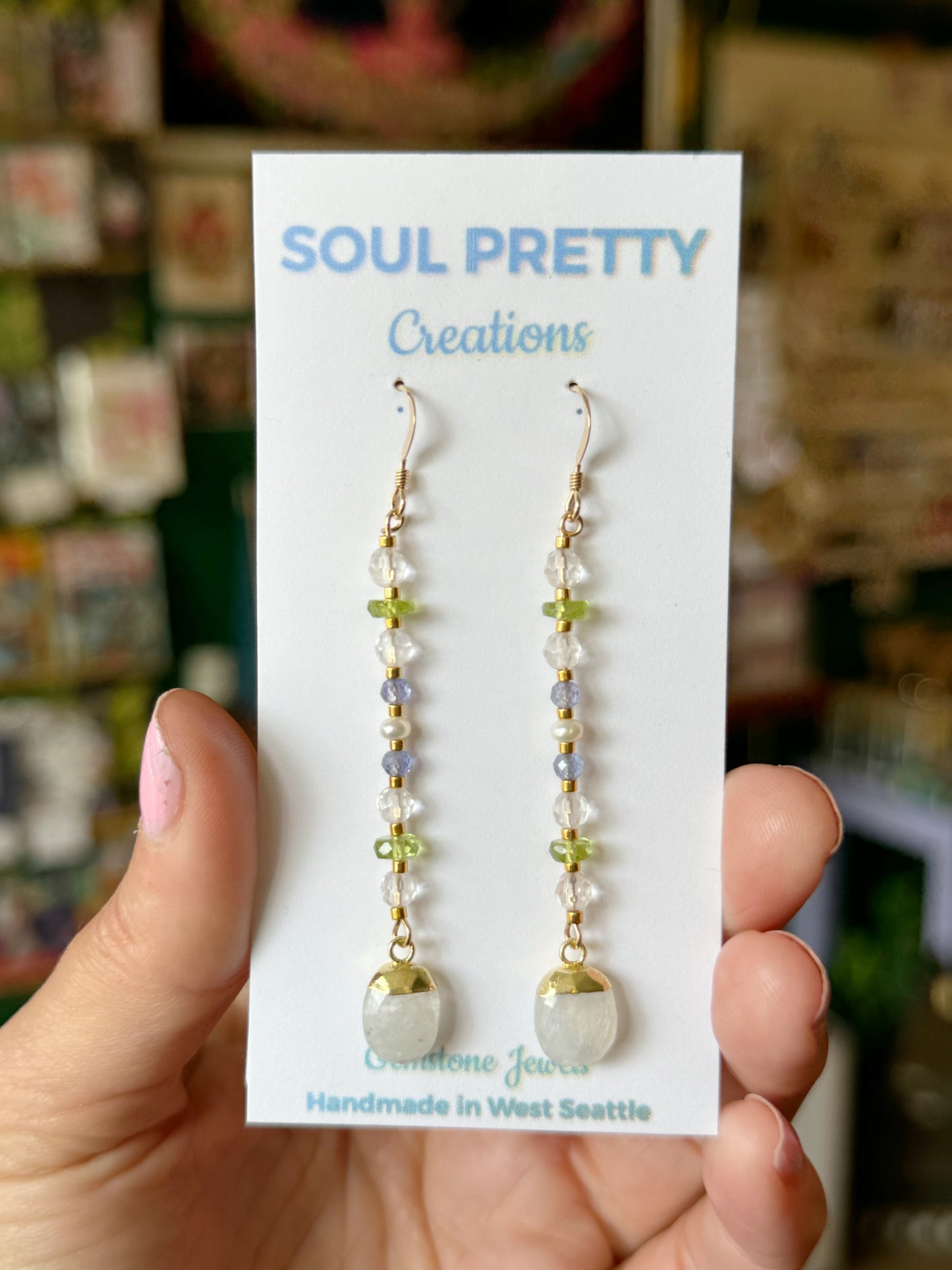 Moonstone Quartz Peridot Tanzanite Pearl Handmade gf Earrings - Moon Room Shop and Wellness