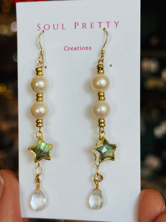 Soul Pretty Labradorite Star + Pearl + Quartz Gold Fill Droplet Earring - Moon Room Shop and Wellness