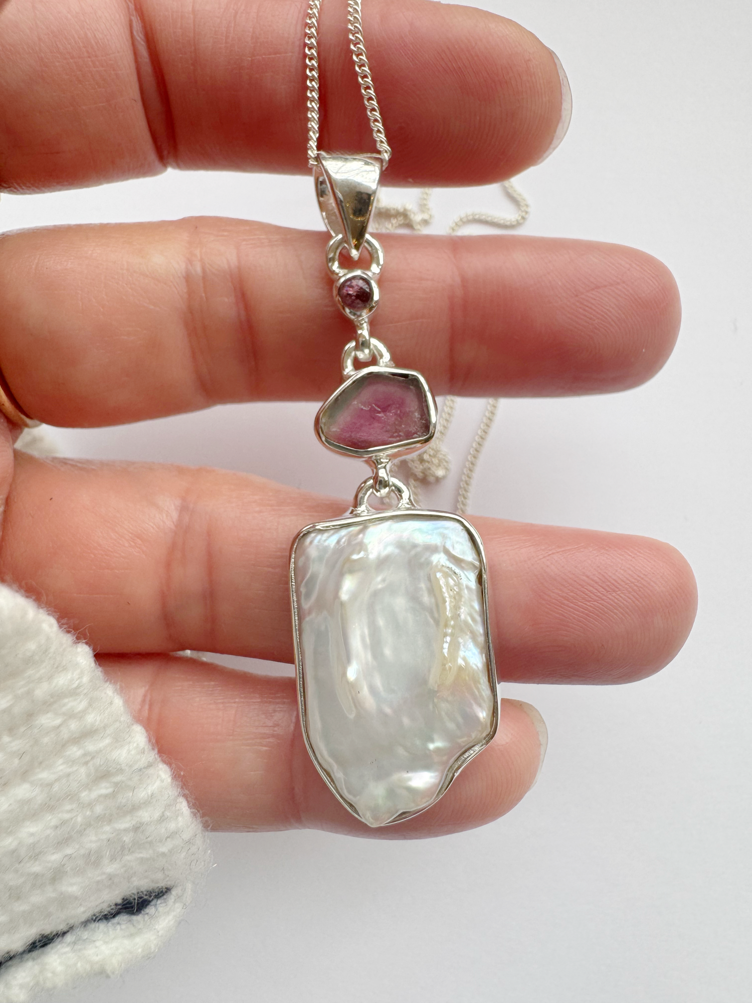Pearl + Tourmaline Sterling Silver Pendant w Chain - Moon Room Shop and Wellness