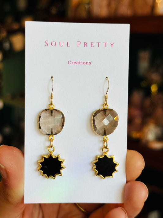 Soul Pretty Onyx Sun + Smoky Quartz Gold Fill Earrings - Moon Room Shop and Wellness