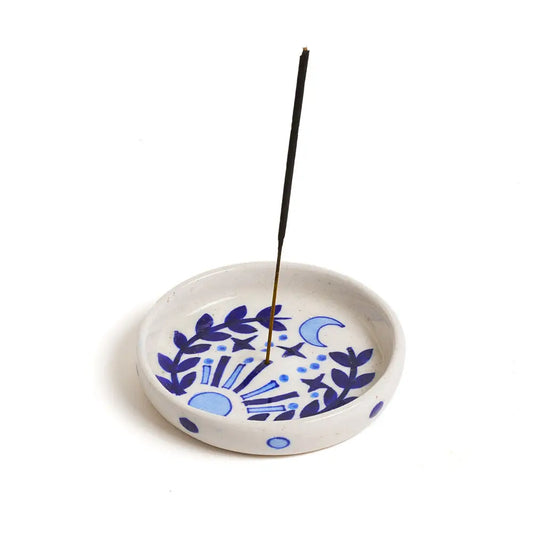 Lalita Round Incense Holder - Hand Painted Blue & White - Moon Room Shop and Wellness