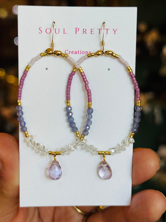 Soul Pretty pink amethyst + quartz + tanzanite handmade gold fill earrings - Moon Room Shop and Wellness