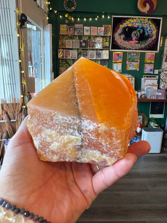 Orange Calcite top Polished Point 3.2 lb Mexico