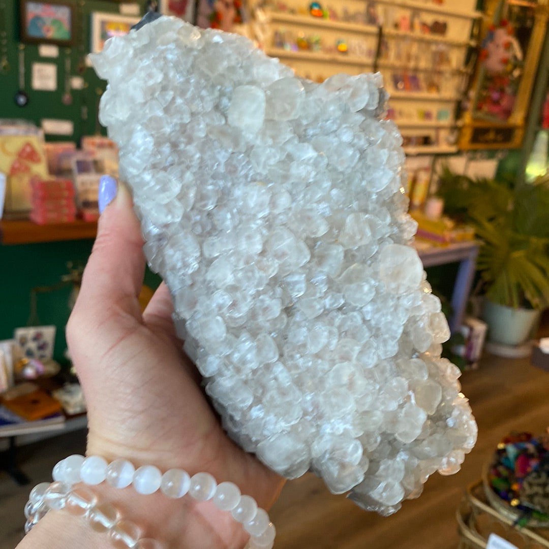 Beautuful Calcite Specimen (U.V. Reactive!) with Wood Stand - Moon Room Shop and Wellness