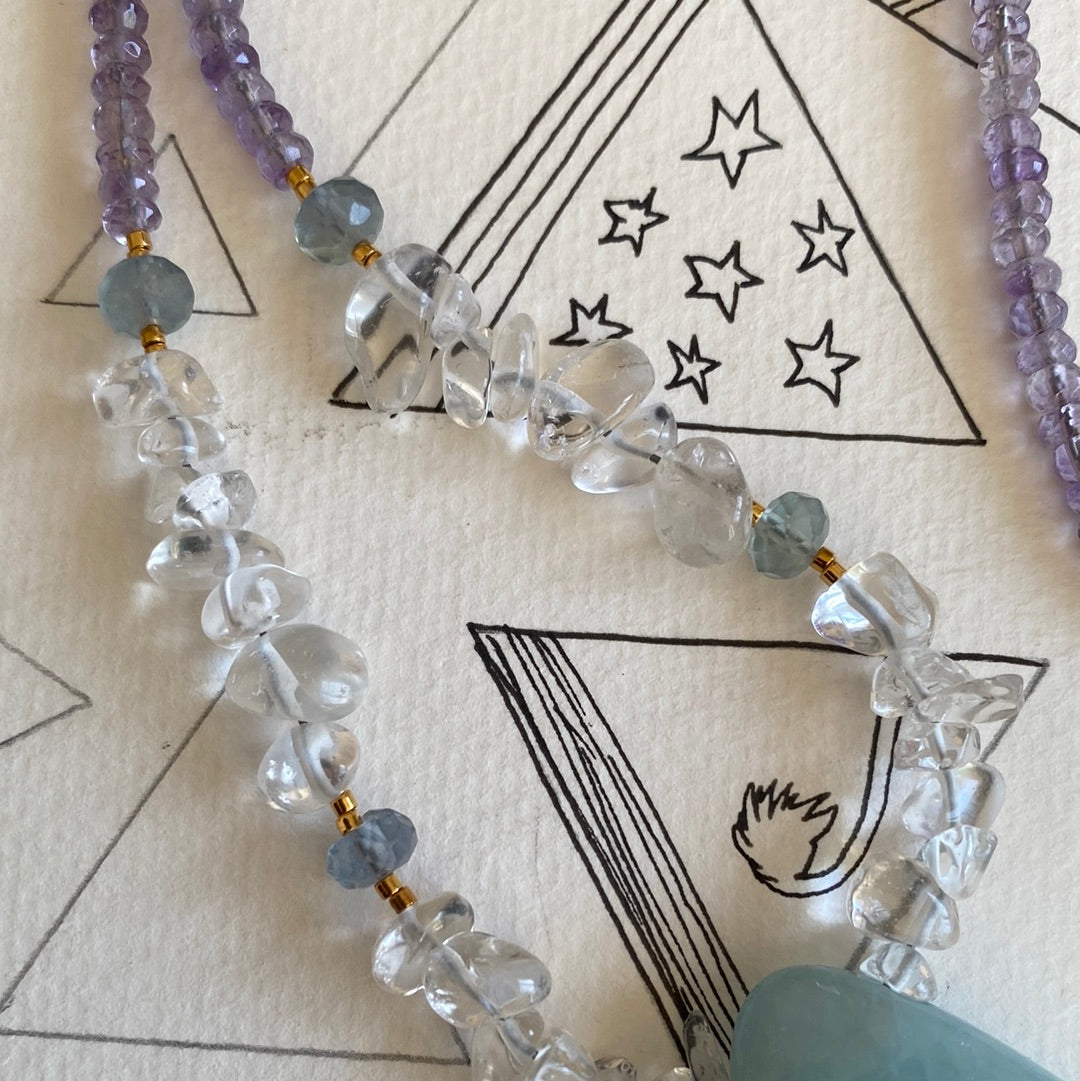 Aquamarine Pendant +Fluorite +Quartz +Amethyst Handmade Necklace - Moon Room Shop and Wellness