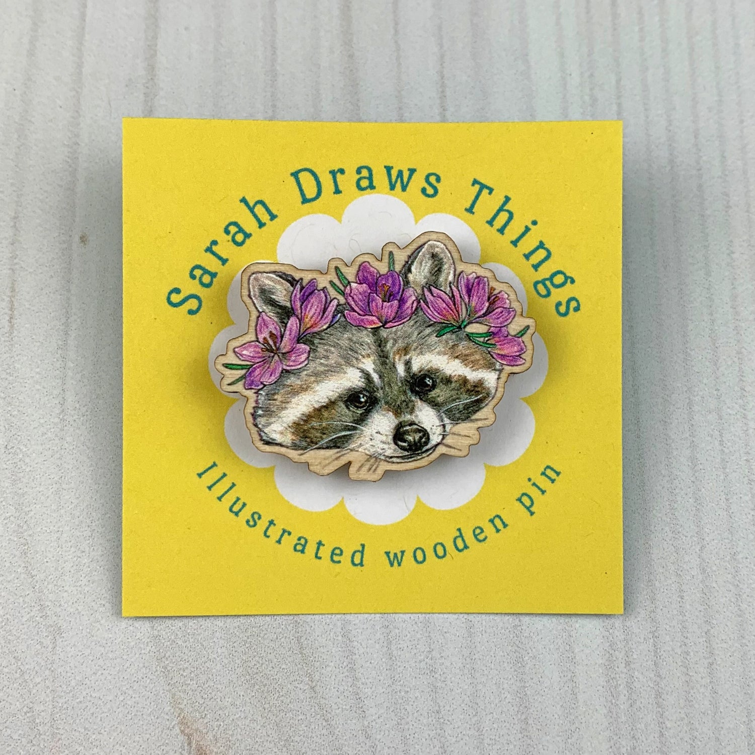 Raccoon Flower Crown - 1.5" Illustrated Wooden Pin - Moon Room Shop and Wellness