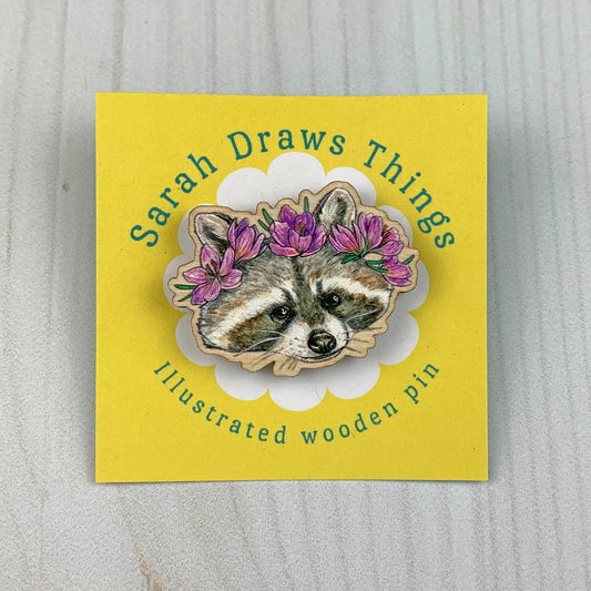 Raccoon Flower Crown - 1.5" Illustrated Wooden Pin - Moon Room Shop and Wellness