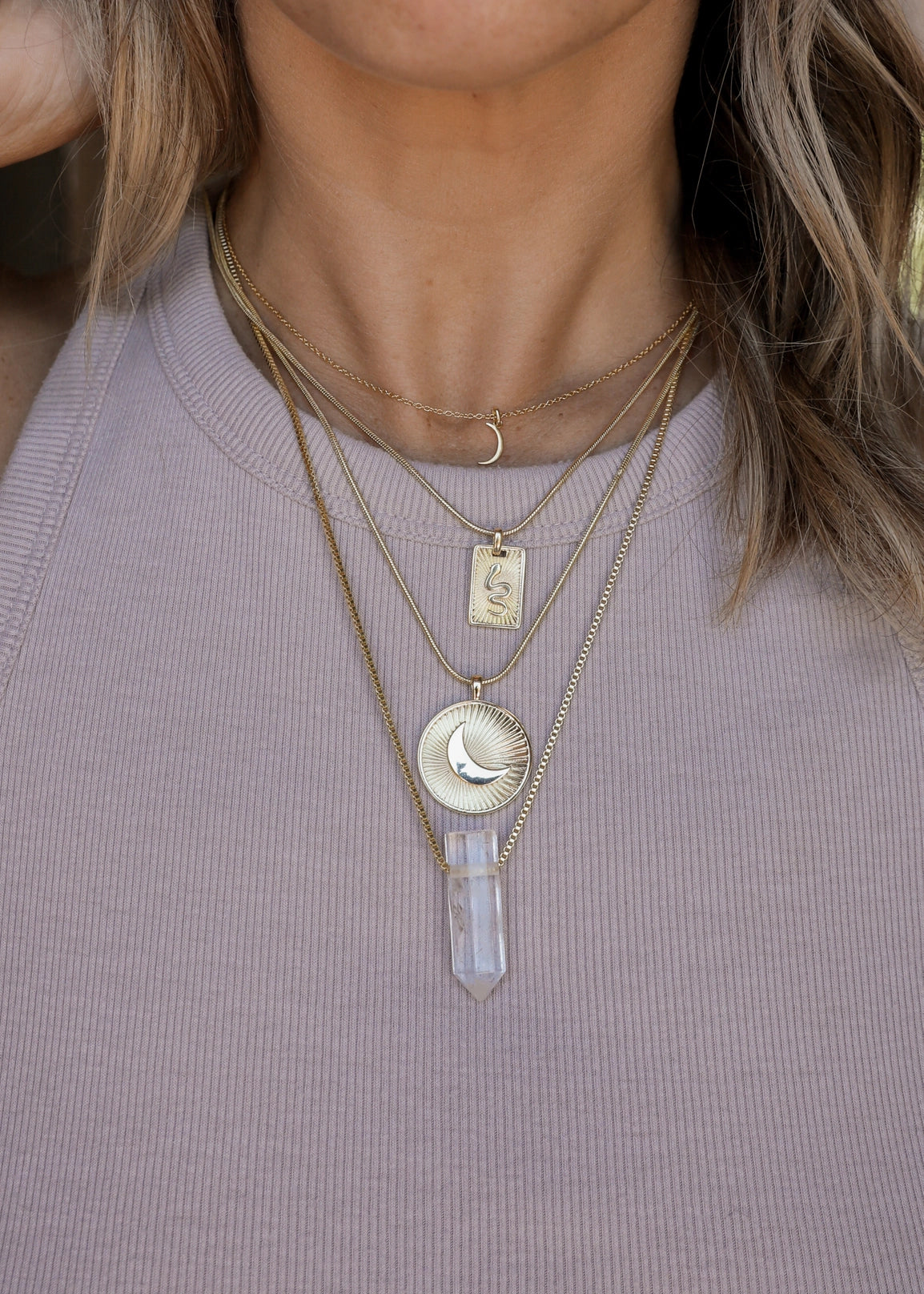 Clear Quartz Pendant- Snake Chain Necklace 18kt gold plated brass - Moon Room Shop and Wellness