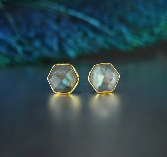 Labradorite  Hexagon Gemstone Stud Earrings  8mm Brass Plated Gold - Moon Room Shop and Wellness