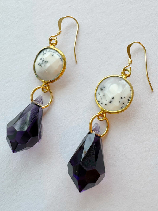 Dendritic Opal + Purple Prism Point Gold Fill Earrings - Moon Room Shop and Wellness