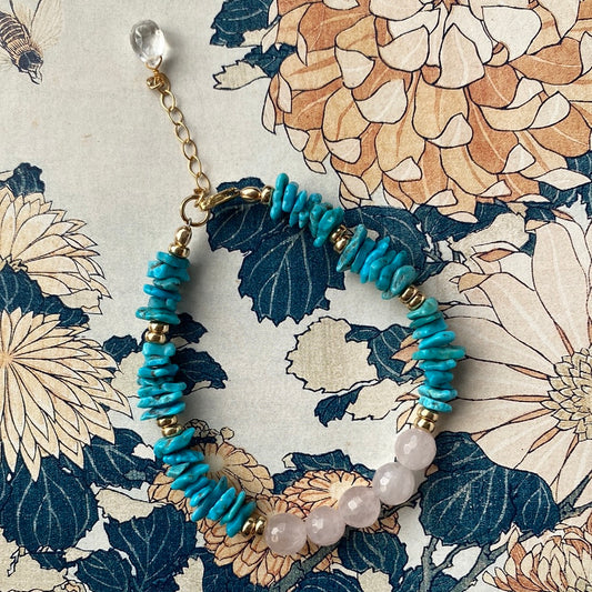 Rose Quartz + Turquoise Gold Fill Handmade Bracelet - Moon Room Shop and Wellness