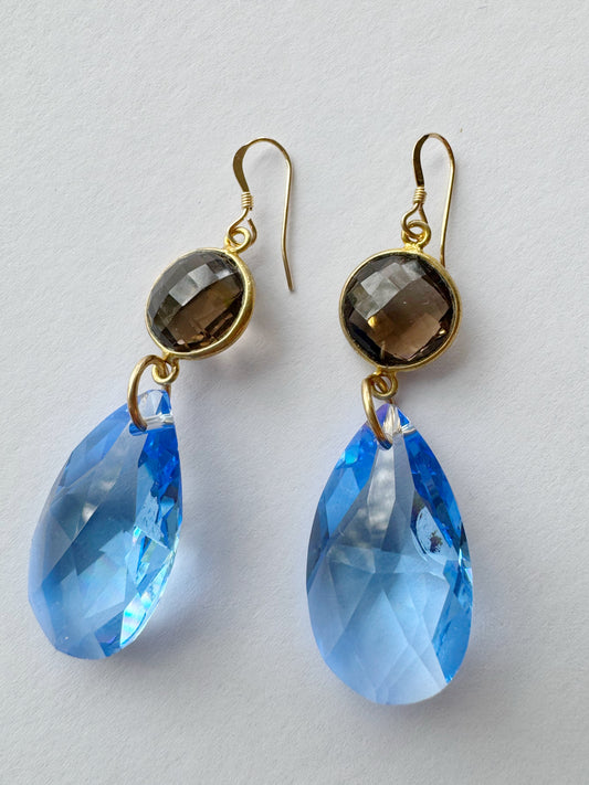 Smoky Quartz + Blue Prism Droplet Gold Fill Earrings - Moon Room Shop and Wellness