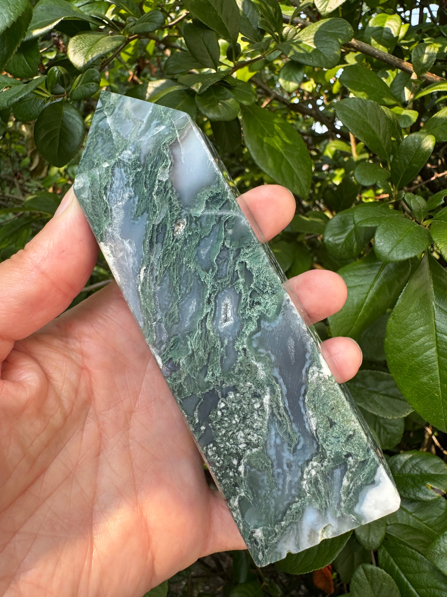 Moss Agate Tower 314 g - Moon Room Shop and Wellness