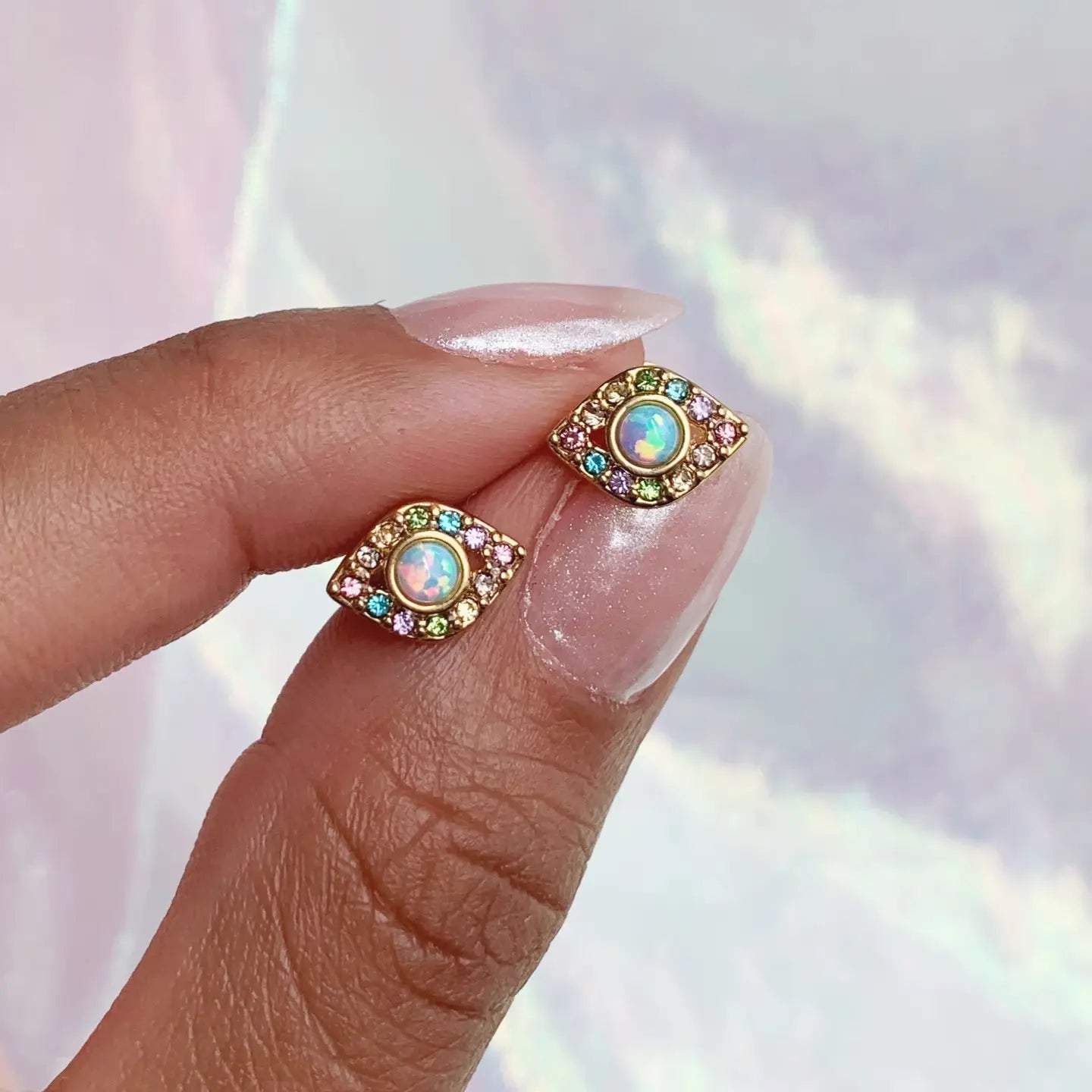 Evil Eye Stud Earrings, Opal & Pastel Pave-12 k Gold Plated Titanium