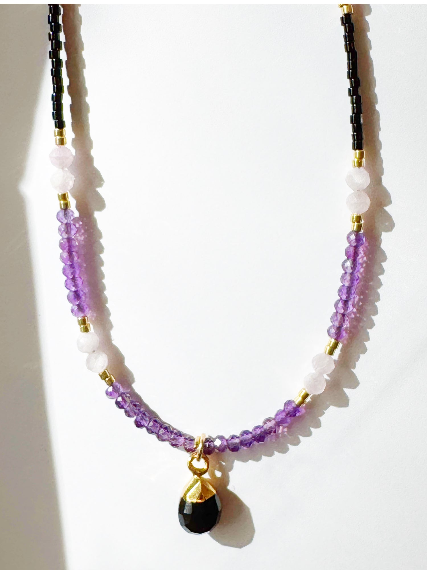Black Onyx + Amethyst + Kunzite + Seed Bead One of a kind Gold Fill Adjustable Handmade Necklace - Moon Room Shop and Wellness