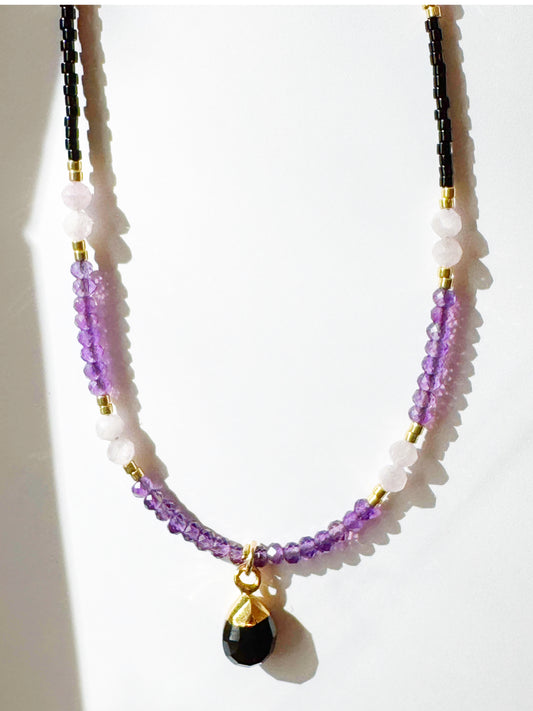 Black Onyx + Amethyst + Kunzite + Seed Bead One of a kind Gold Fill Adjustable Handmade Necklace - Moon Room Shop and Wellness