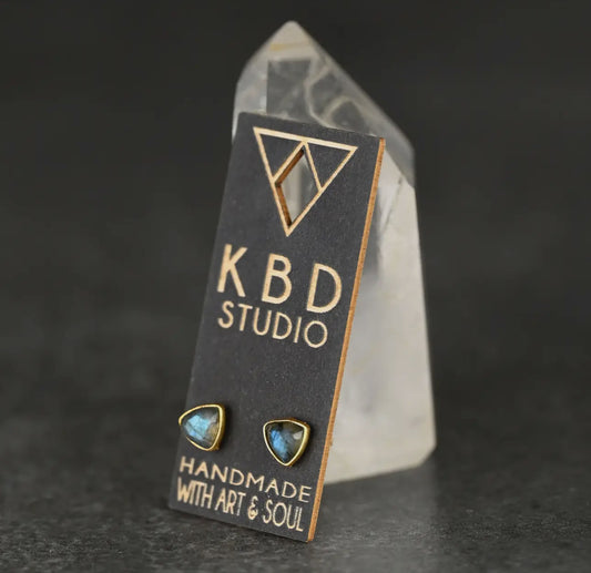 Labradorite Minimal Triangle Studs 5 mm Brass Plated Gold - Moon Room Shop and Wellness