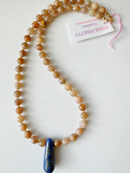 Handmade Peach Moonstone + Lapis Gemstone Necklace - Moon Room Shop and Wellness