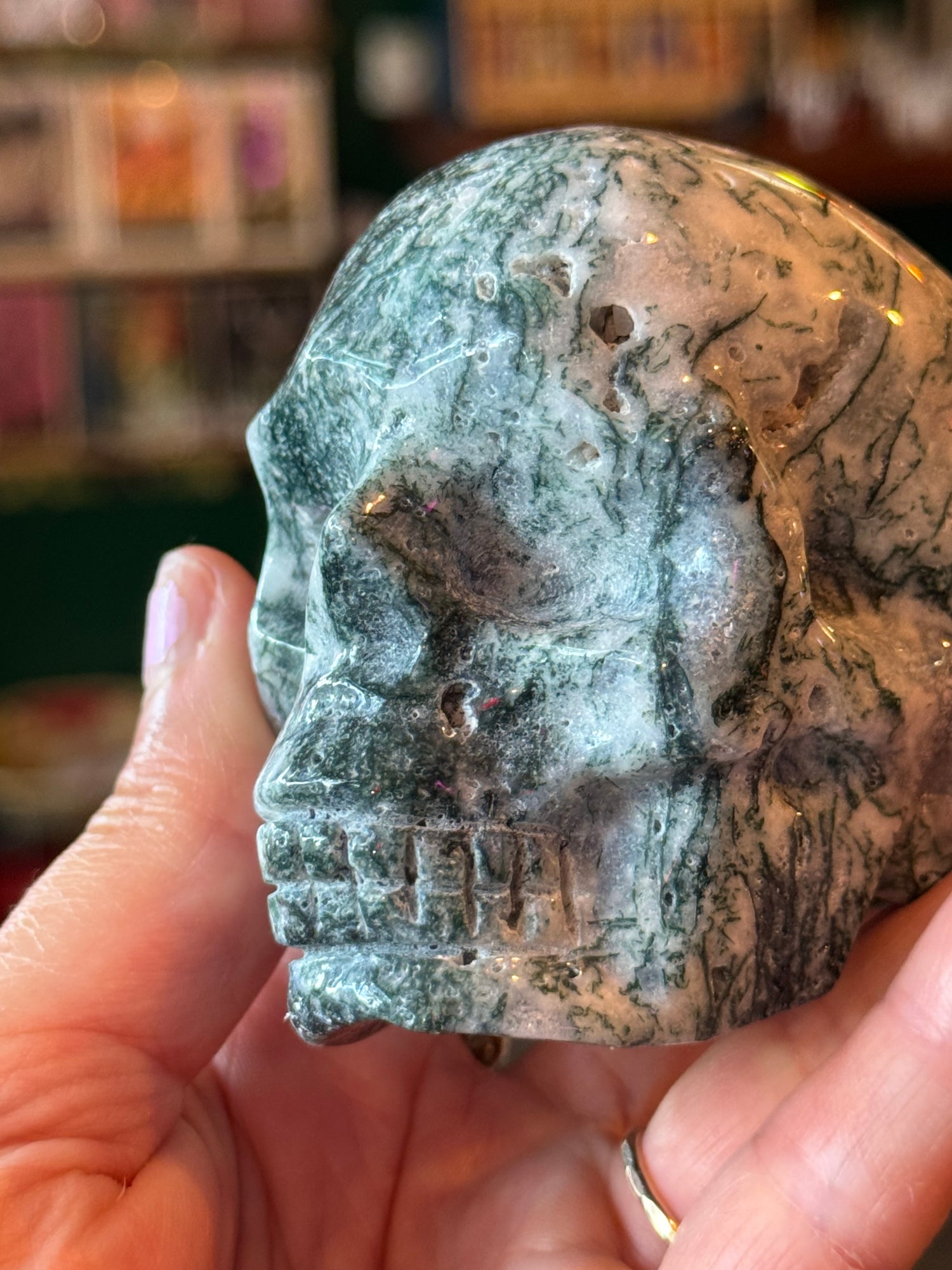 Moss Agate Skull- 372 g - China - Moon Room Shop and Wellness