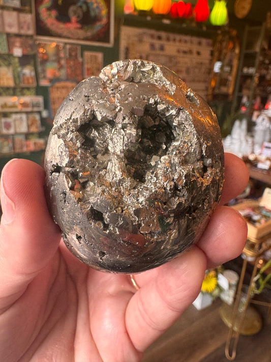 Pyrite Sparkly Palmstone 165 g Peru - Moon Room Shop and Wellness