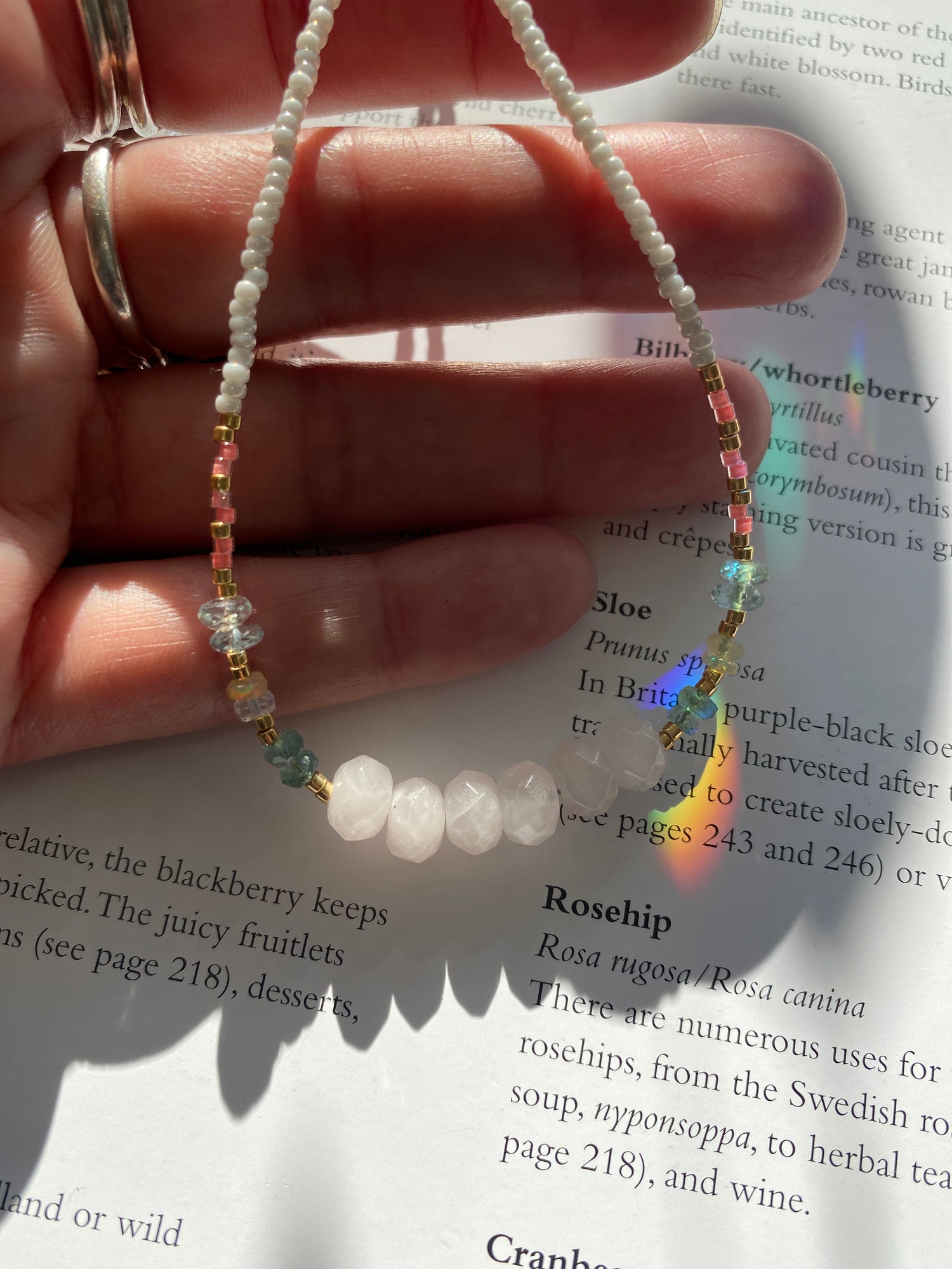 Rose Q + Emerald + Ethiopian Opal + Aquamarine Handmade Necklace - Moon Room Shop and Wellness