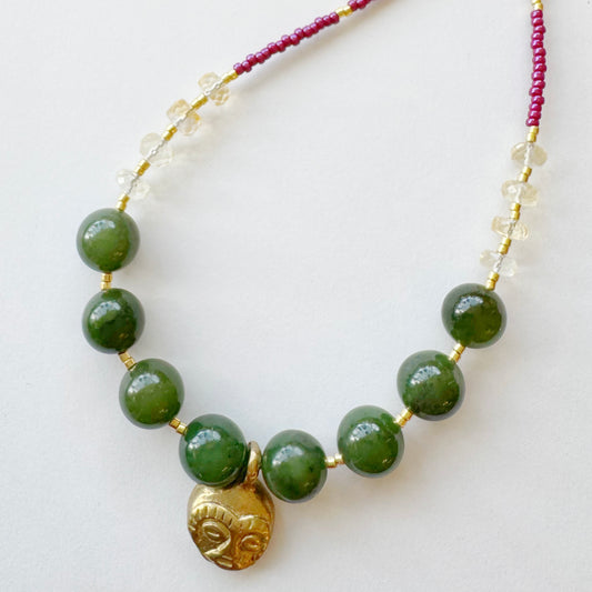 Brass Face Charm + BC Nephrite Jade + Citrine + Seed Bead One of a kind Gold Fill Adjustable Handmade Necklace - Moon Room Shop and Wellness