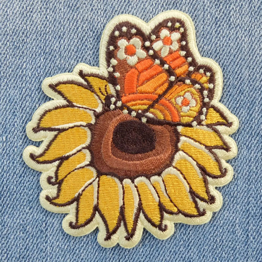Sunflower & Monarch Butterfly, Retro Hippie Iron-On Patch - Moon Room Shop and Wellness