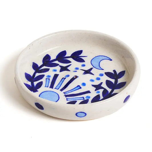 Lalita Round Incense Holder - Hand Painted Blue & White