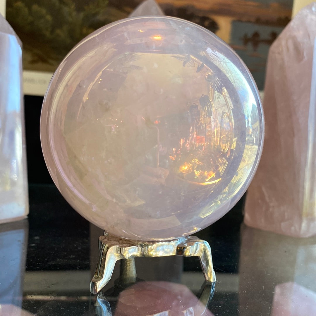 Angel Aura Rose Quartz Sphere 604 g (heat treated) - Moon Room Shop and Wellness