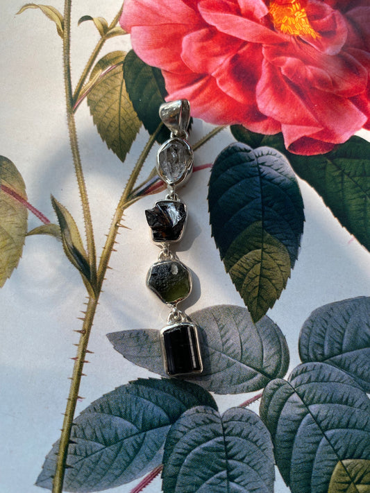 Blk Tourmaline+ Shungite+ Herkimer+ Moldavite Sterling Silver Pendant - Moon Room Shop and Wellness