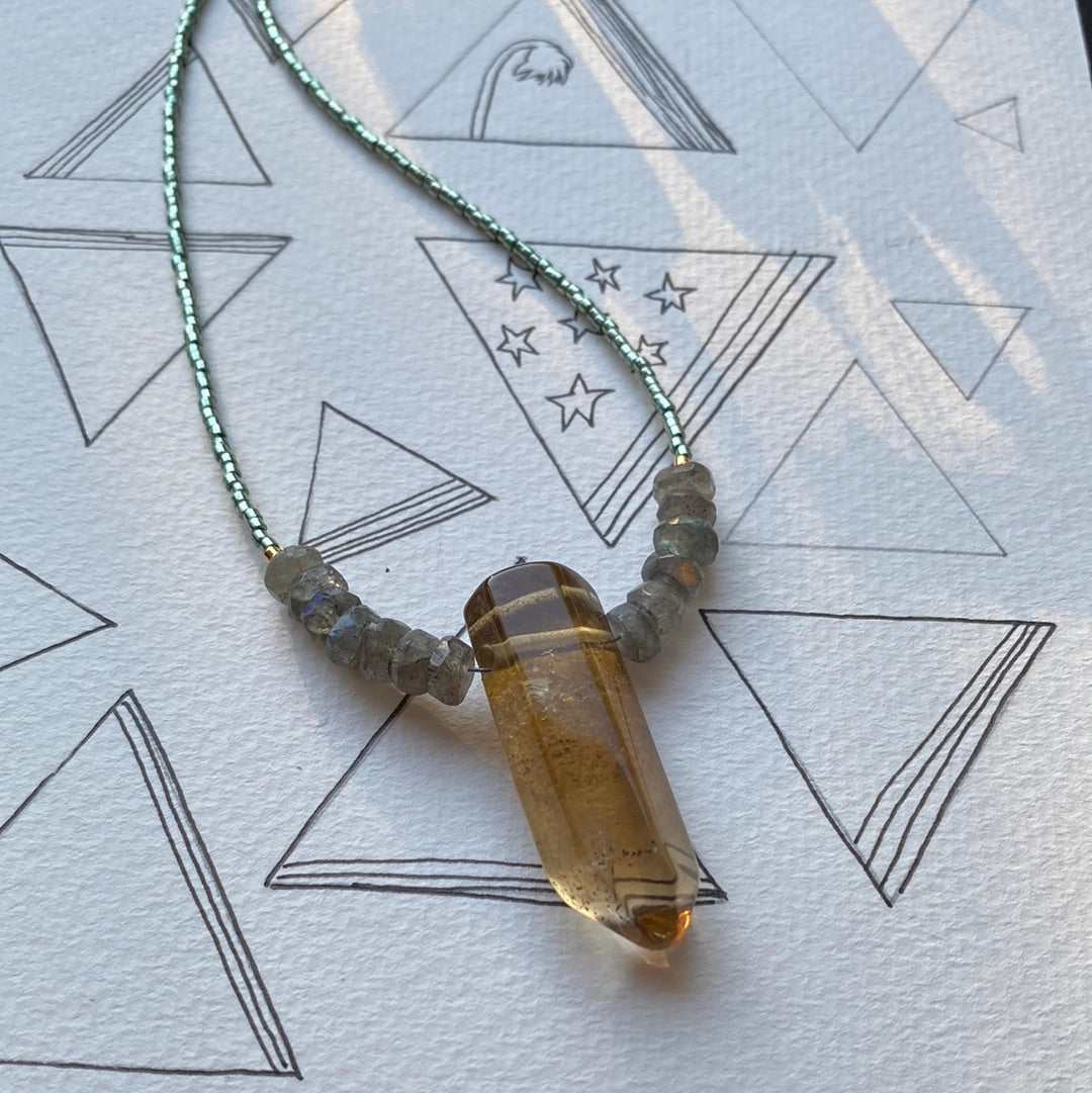 Citrine Point + Labradorite Seed Bead Gemstone Handmade Necklace Gold Fill - Moon Room Shop and Wellness