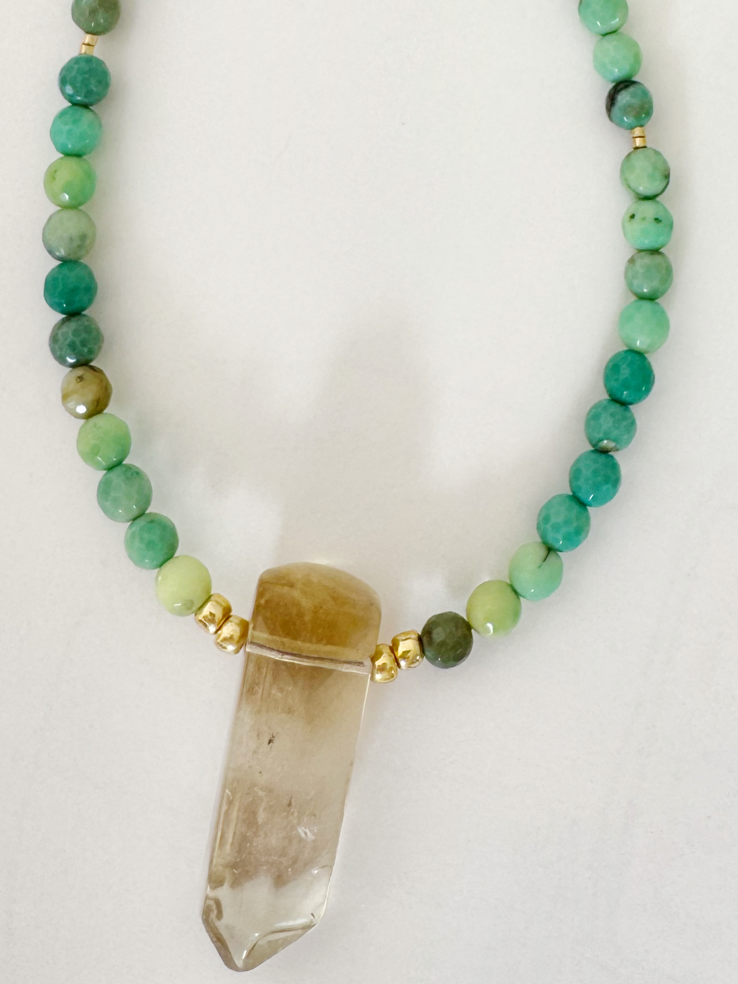 Citrine Point with Chrysoprase +Rose Quartz + Garnet Beaded Long Necklace - Moon Room Shop and Wellness