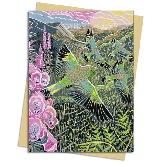 Foxgloves and Finches Greeting Card by Annie Soudain