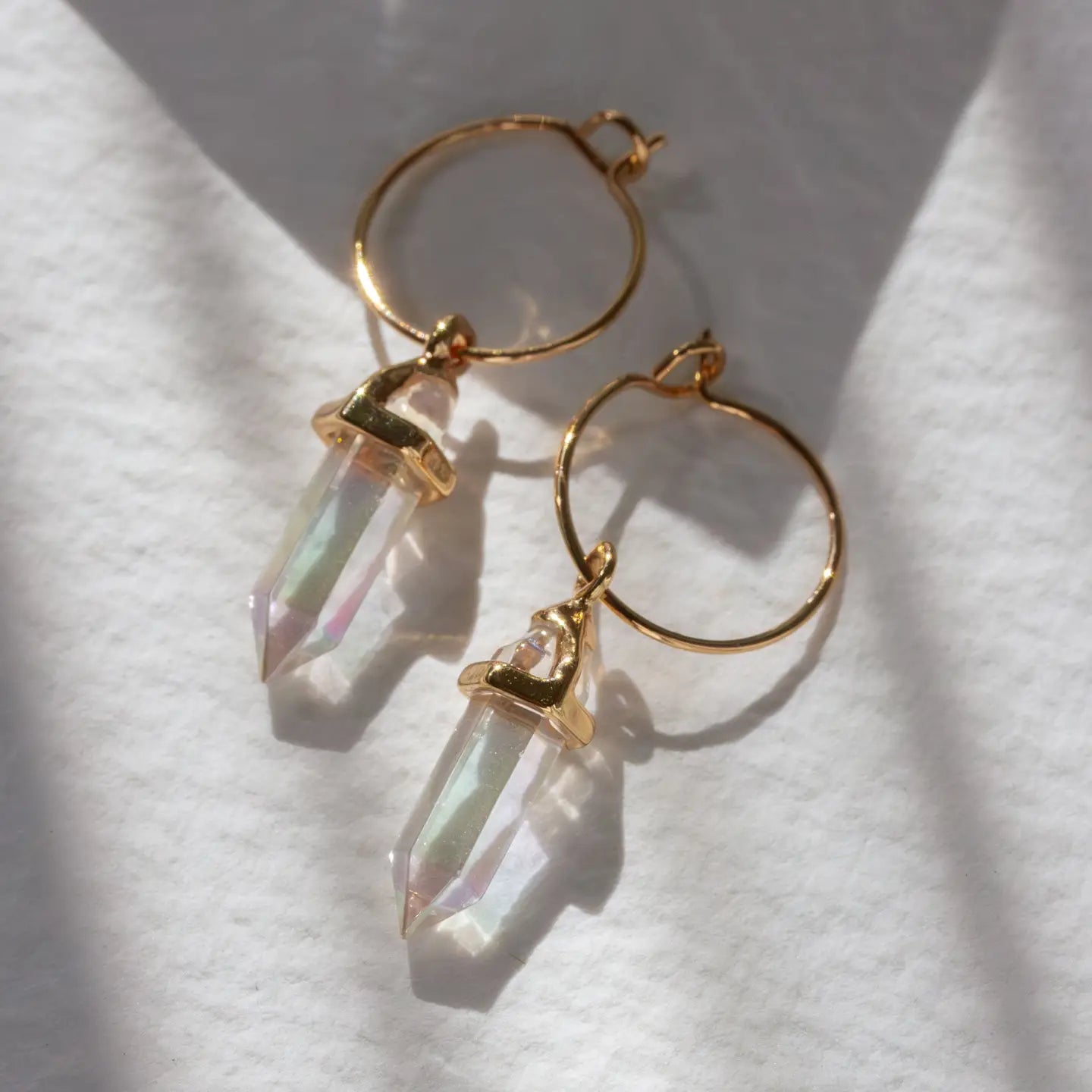 Prism Quartz Mini Hoop Earrings- Gold Plated Brass - Moon Room Shop and Wellness