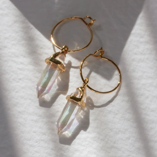 Prism Quartz Mini Hoop Earrings- Gold Plated Brass - Moon Room Shop and Wellness