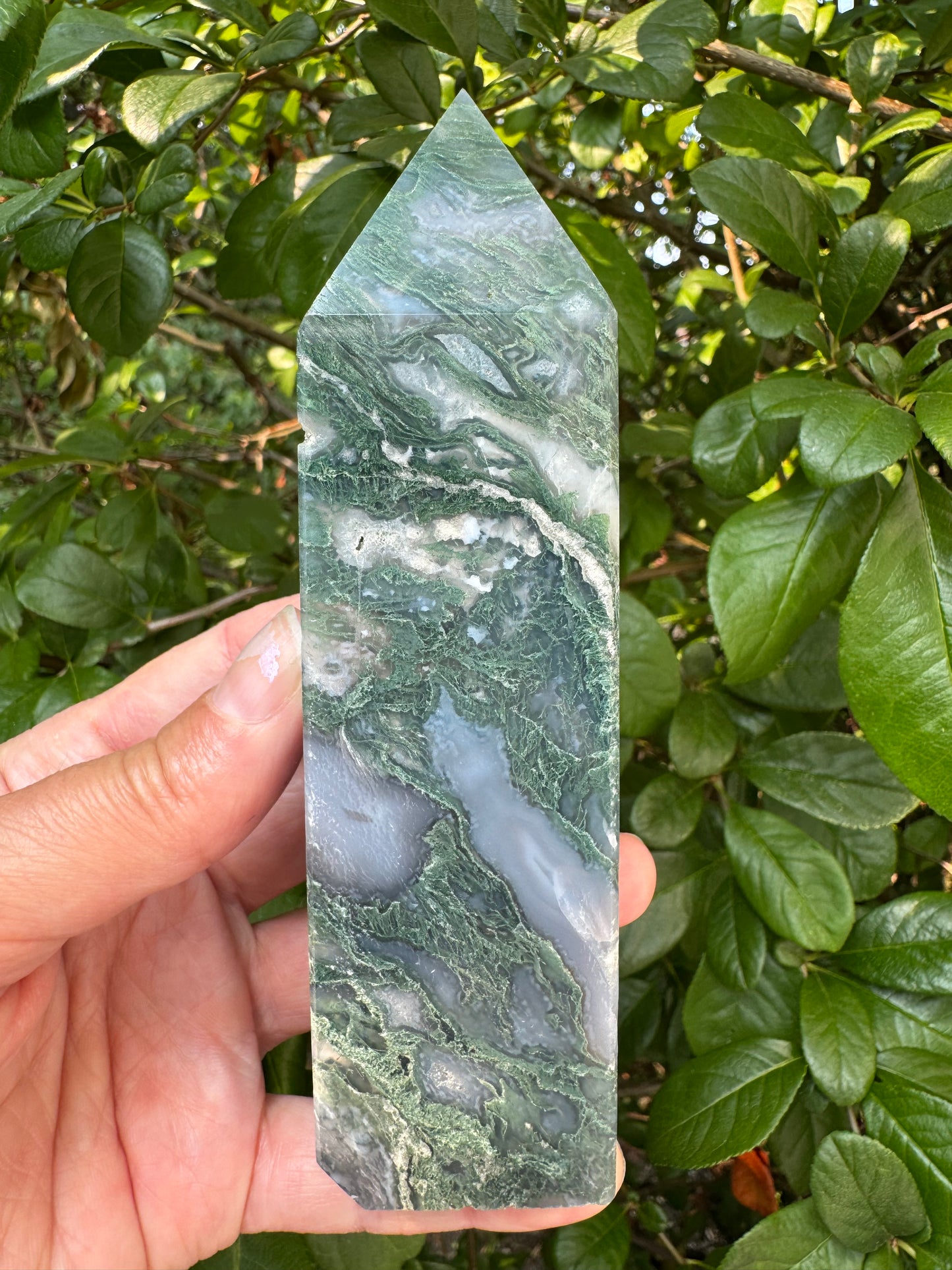 Moss Agate Tower 296 g - Moon Room Shop and Wellness