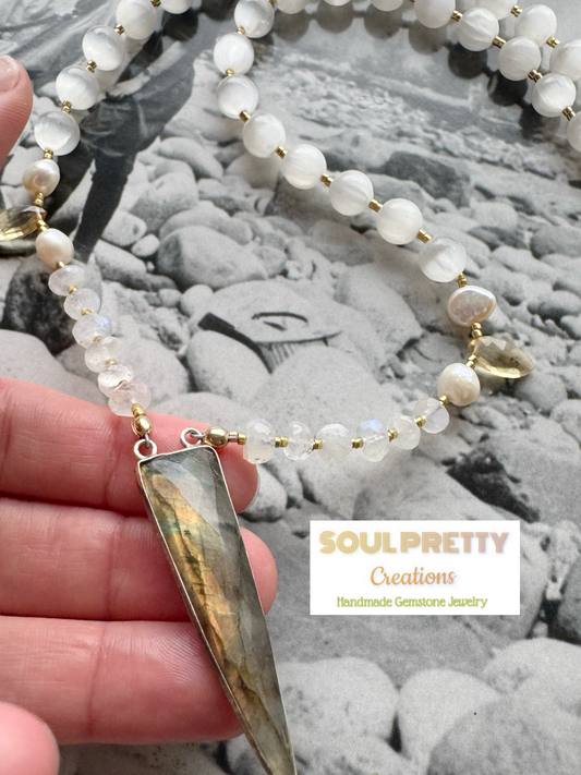 Labradorite + Moonstone + Pearl +Selenite Handmade Necklace 18” - Moon Room Shop and Wellness