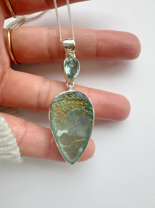 Roman Glass + Aquamarine Sterling Silver Pendant w Chain - Moon Room Shop and Wellness