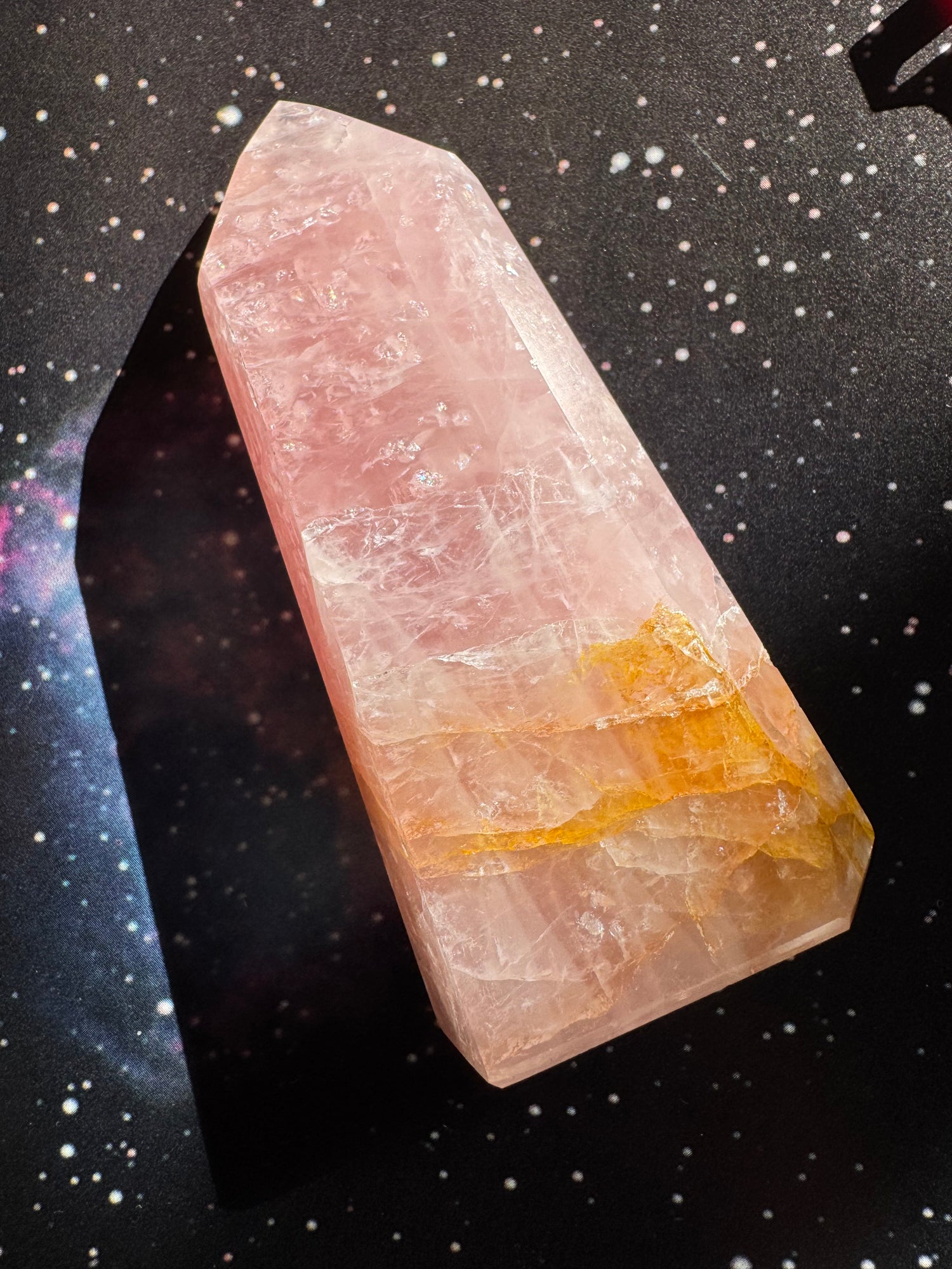 Rose Quartz w/ Golden Healer Tower 184 g Brazil - Moon Room Shop and Wellness