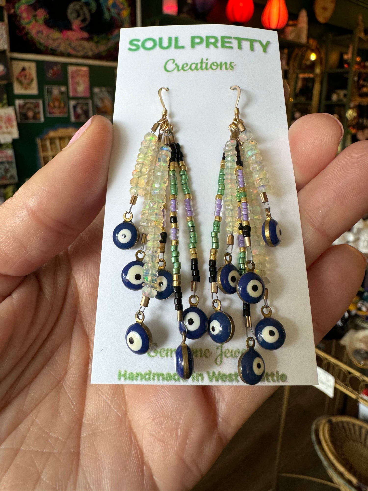 Ethiopian Opal and Evil Eye Handmade Earrings - Moon Room Shop and Wellness